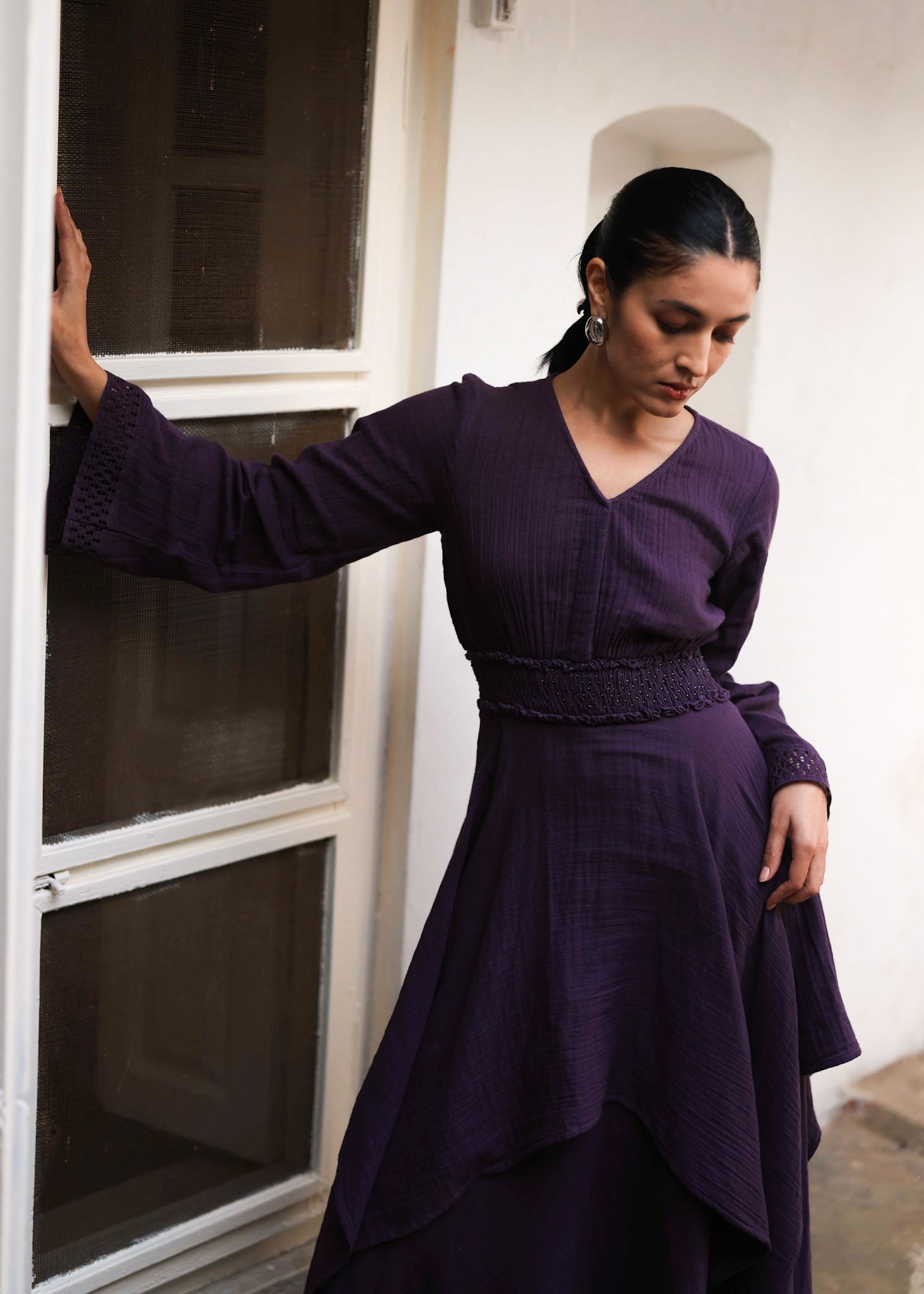 purple crinkle dress Lined crinkle dress with lace detailing at the neckline and waist