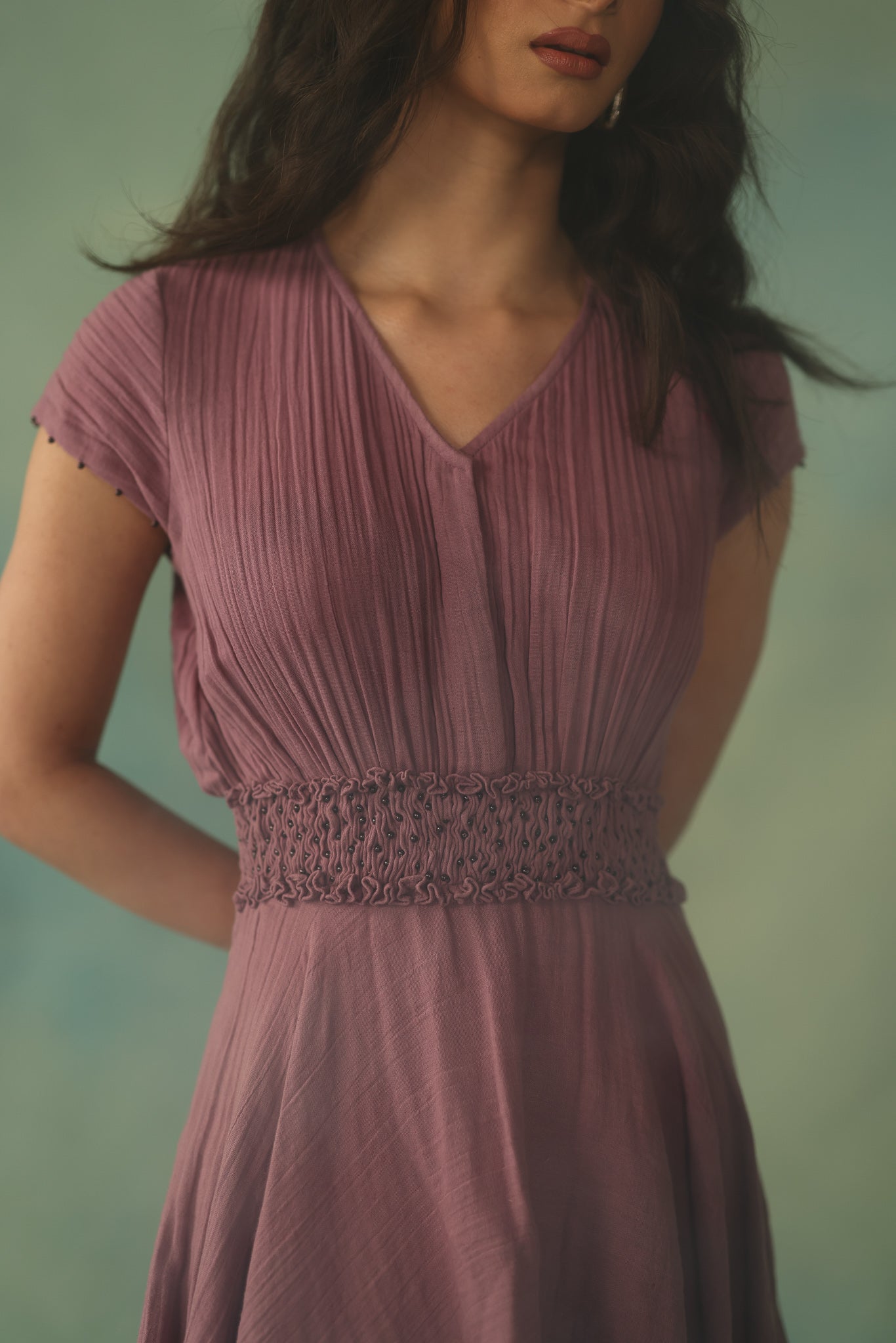 Mauve short sleeve crinkle dress